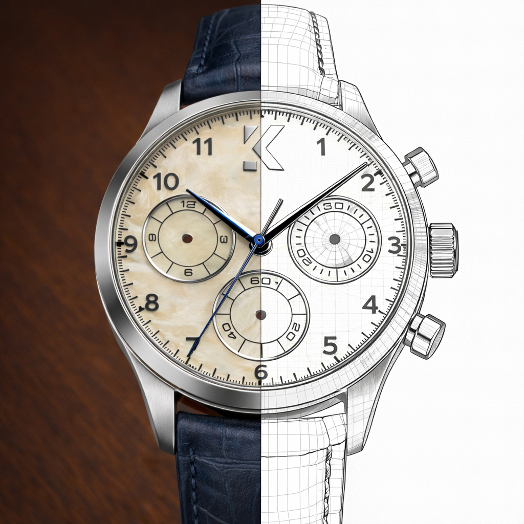 Kelsus Chronograph — design concept featuring mother of pearl dial, blued hands, and chronograph subdials